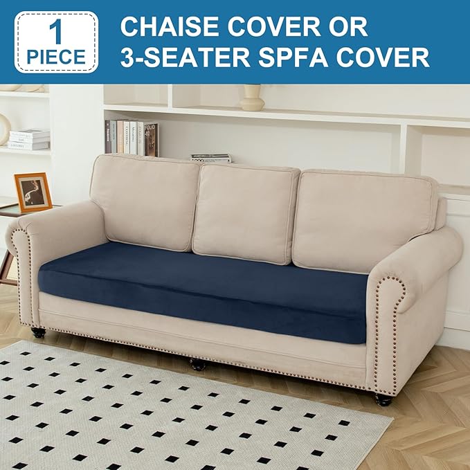 Couch Cover Velvet Chaise Cushion Cover for Sectional Sofas - Elastic L-Shaped Sofa Seat Covers Washable, Slipcover Protector (1-Piece, Berlin Blue)