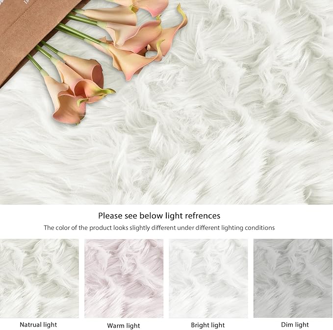 ORINOVA White Fluffy Faux Sheepskin Washable Fur Round Rug 5ft Nursery Rugs for Bedroom Plush Boho Circle Rug for Living Room Teen Room Décor