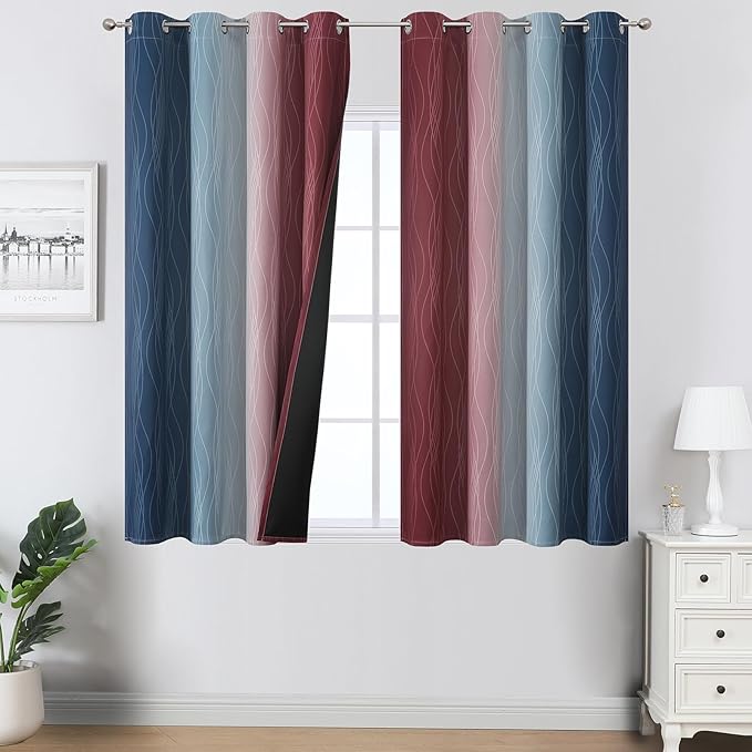 Estelar Textiler Navy Blue and Burgundy Red Ombre Blackout Curtains 54 Inch Length for Kitchen, Room Darkening Thermal Insulated Energy Efficient Grommet Drapes for Bedroom,52x54 Inch,2 Panels