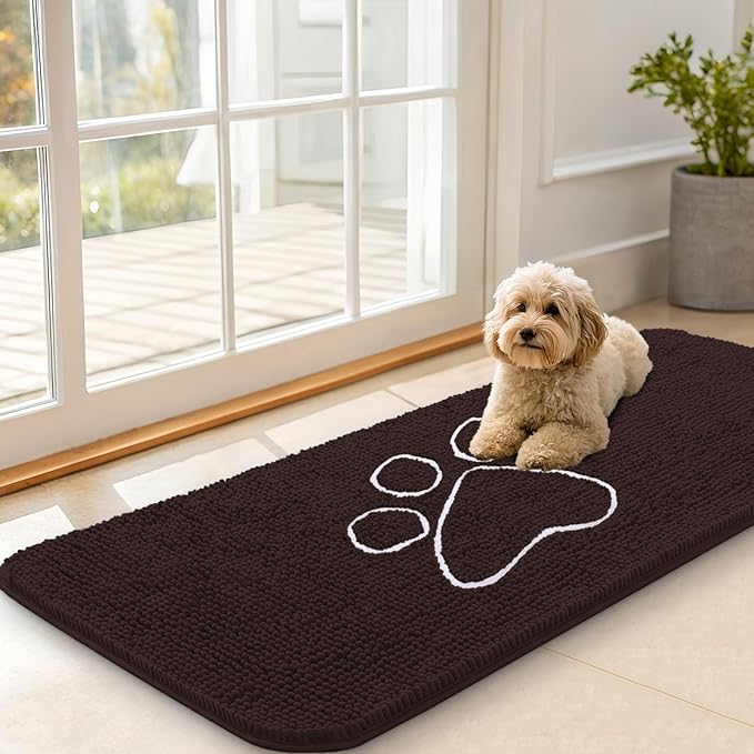OLANLY Dog Door Mat for Muddy Paws 47x20, Paw Print Design, Absorbs Moisture and Dirt, Absorbent Non-Slip Washable Doormat, Quick Dry Chenille Mud Mat for Dogs, Entry Indoor Entryway Carpet, Brown