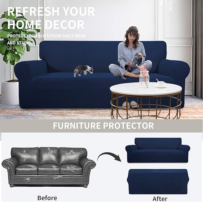 Easy-Going Stretch Oversized Loveseat Slipcover 1-Piece Sofa Cover Furniture Protector Couch Soft with Elastic Bottom for Kids Polyester Spandex Jacquard Fabric Small Checks Navy