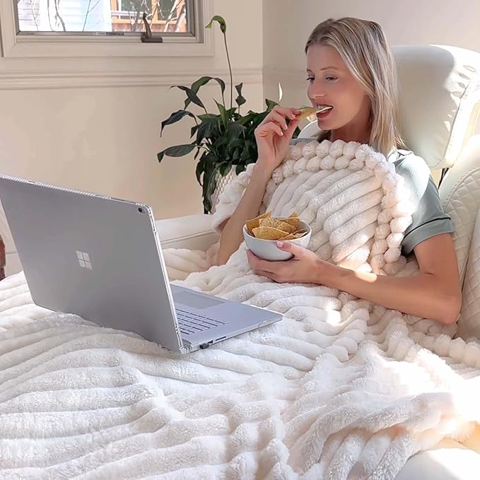 BEDELITE King Size Blanket for Bed, 300GSM Soft & Warm Fleece Blanket, Decorative and Giftable Striped Cream White Blankets for Women, Men, 108"x90"
