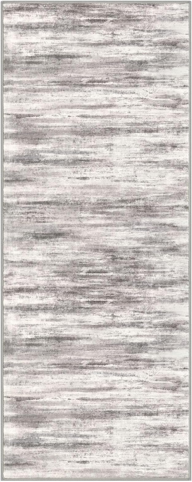 KOZYFLY Modern Abstract Washable Rug Runner 2x5 Hallway Rug Runner Non-Slip Soft Kitchen Runner Rugs, Grey/Light Beige/Brown Striped Carpet for Entryway Bathroom