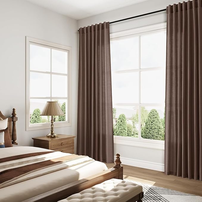Cappuccino Linen Curtains for Living Room 100 Inches Long Light Filtering Semi Sheer Curtain Back Tab Rod Pocket Luxury Modern Rustic Home Decor Neutral Drapes for Bedroom Dinner Room 52x100, 2 Panels