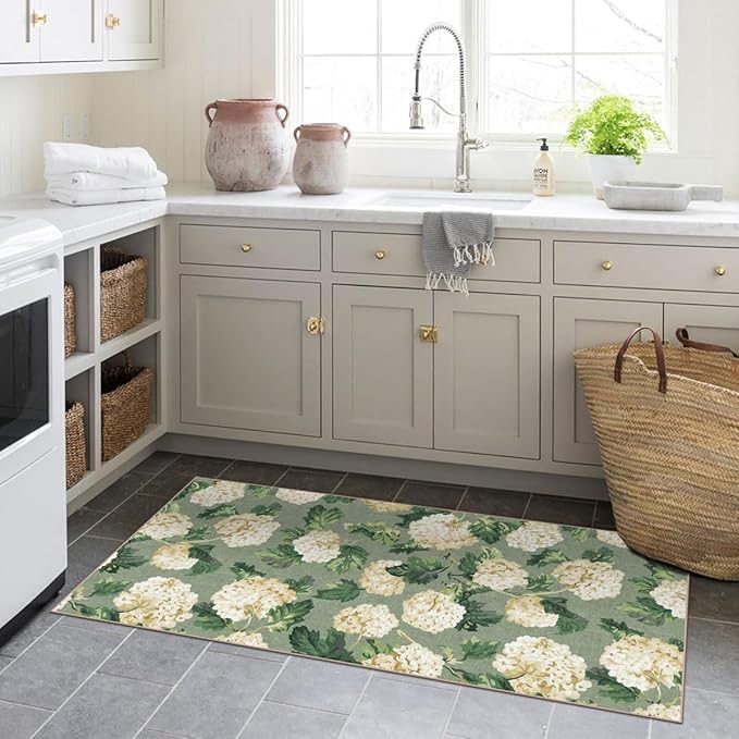 Front Door Mat Indoor Entrance - 2x4.3 Ft Spring Washable Layered Doormat Outdoor Entrance Porch Rug Non-Slip Sage Green Beige Floral Runner Rug for Kitchen Bedroom Laundry Room Porch Decor