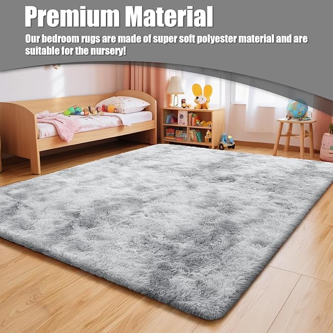 Shag Area Rug for Bedroom 5x8,Tie-Dyed Grey Fluffy Area Rugs for Living Room,Soft Fuzzy Rug Non-Shedding Indoor Plush Carpet for Kids Bedroom Nursery Dorm Home Decor