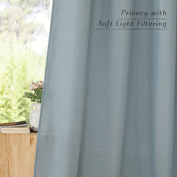 NICETOWN Linen Stone Blue Curtains 63 inch Length, Grommet Top Casual Semi Sheer Privacy Window Drapes with Light Penetration for Beach House/Bedroom, W55 x L63, 2 Panels