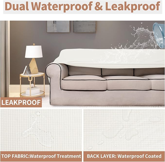 Easy-Going 100% Waterproof Couch Cover, Dual Waterproof Sofa Cover, Stretch Jacquard Sofa Slipcover, Leakproof Furniture Protector for Kids, Pets, Dog and Cat (Sofa, Cream)