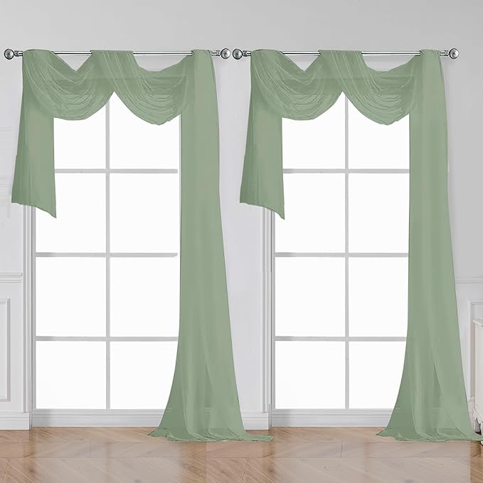 OWENIE Sage Sheer Curtains 144 inch Extra Long, Elegant and Airy Drapes Translucent Window Treatments for Living Room/Bedroom, Sage Green, 2 Panels=84" Wide