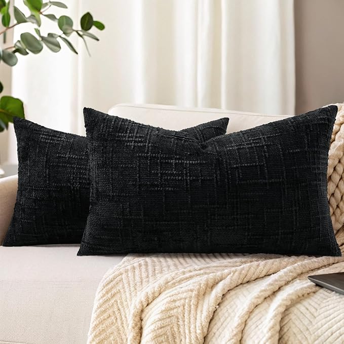 decorUhome Black Chenille Throw Pillow Covers 12x20 Set of 2 Textured Soft Cozy Slubby Couch Pillow Covers Modern Farmhouse Boho Decorative Pillow Cases for Bed Sofa Living Room
