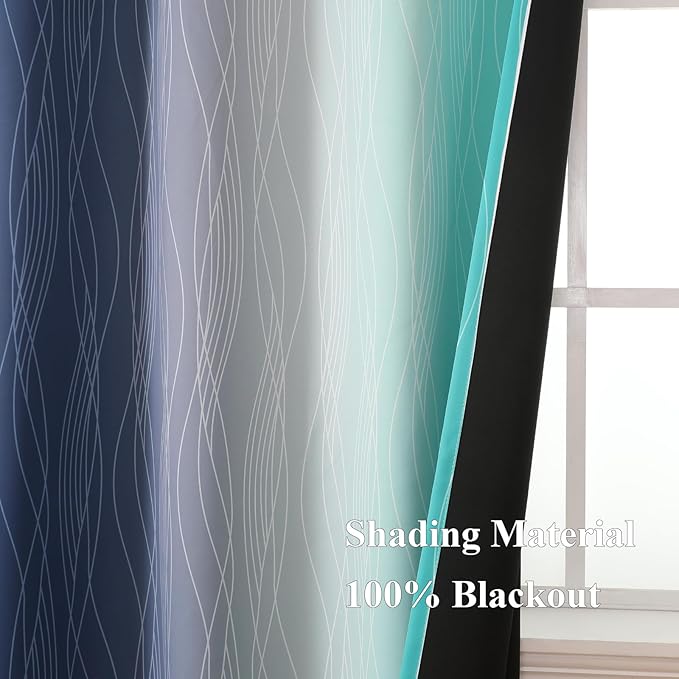 Estelar Textiler Navy Blue and Teal Gradient Blackout Curtains for Sliding Door, Thermal Insulated Ombre Blackout Drapes, Full Light Blocking Energy Saving Curtains for Living Room,52Wx108L,2 Panels