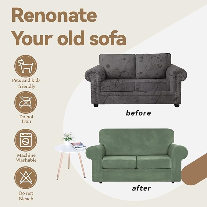 WEERRW Velvet Couch Covers for 2 Cushion Couch Sofa - High Stretch Velvet Plush 3 Pieces Sofa Slipcovers with Elastic Bottom, Furniture Protector for Pets, Machine Washable, Greyish Green, Medium