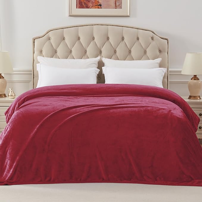 Exclusivo Mezcla Fleece Blanket King Size for Bed, Super Soft and Warm, All Season, Cozy, Plush, Lightweight, 90x104 Inches, Deep Red