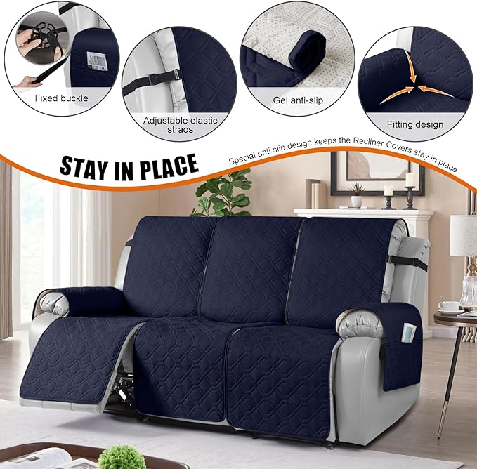 VANSOFY Waterproof Recliner Couch Covers, Sofa Covers 1-Piece Washable Reclining Sofa Cover Non-Slip Furniture Protector with Elastic Straps Pocket for Dogs, Pets(Dark Blue,3 Seater)