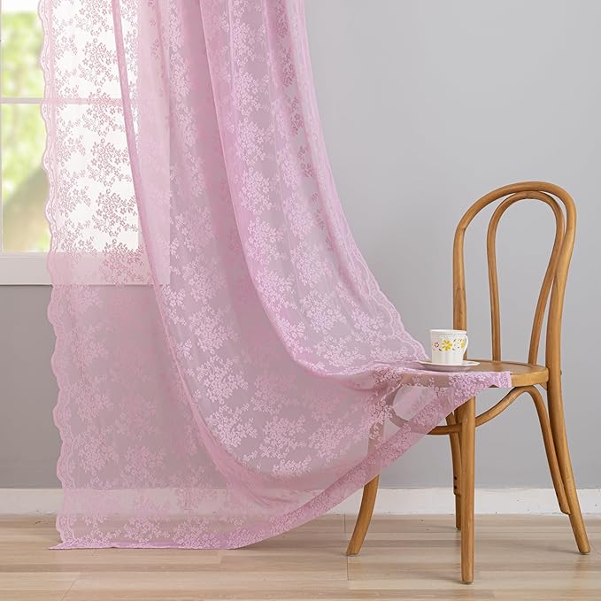 YJ YANJUN Vintage Lace Curtains 72 Inches Long-Victorian Floral Pattern Lalic Sheer Curtain Panels for Living Room Bedroom,Light Filtering, Cute Girls Drapes 2 Panels 52W x 72L Purple Blush