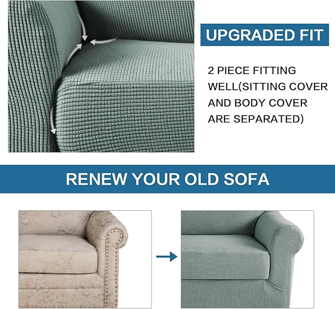 H.VERSAILTEX 2-Piece Spandex Stretch Sofa Slipcover for Chair, Anti-Slip Rich Lycra Knitted Jacquard Sofa Cover Machine Washable Furniture Protector, Solid Cyan, 1 Seater