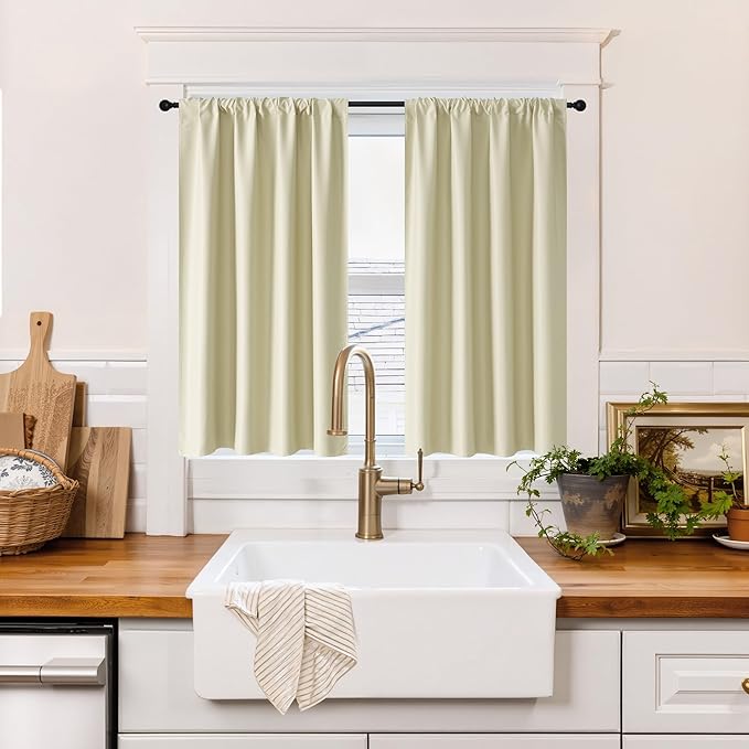 RYB HOME 100% Blackout Short Curtains for Small Window, Thermal Insulated Total Room Darkening Noise Reducing Curtains for Kitchen Bathroom Basement, 42 inches Wide by 48 inches Long, Beige