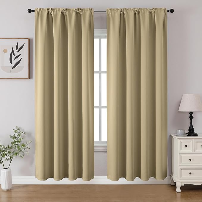 CUCRAF Beige Blackout Curtains 72 inch Length 2 Panels Set, Rod Pocket Room Darkening Drapes for Bedroom Living Room, Insulated Thermal Light Blocking Window Curtain (W52 x L72 Inch)