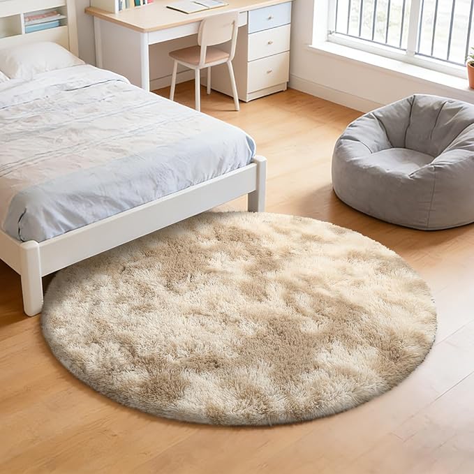 Tie-Dyed Beige Fluffy Round Rug,Soft Area Rugs for Girls Room,Shaggy Rugs 4'X4' for Living Room,Non Slip Circle Rug for Kids Bedroom,Shag Plush Nursery Carpets,Fuzzy Rug for Dorm,Room Decor Carpet