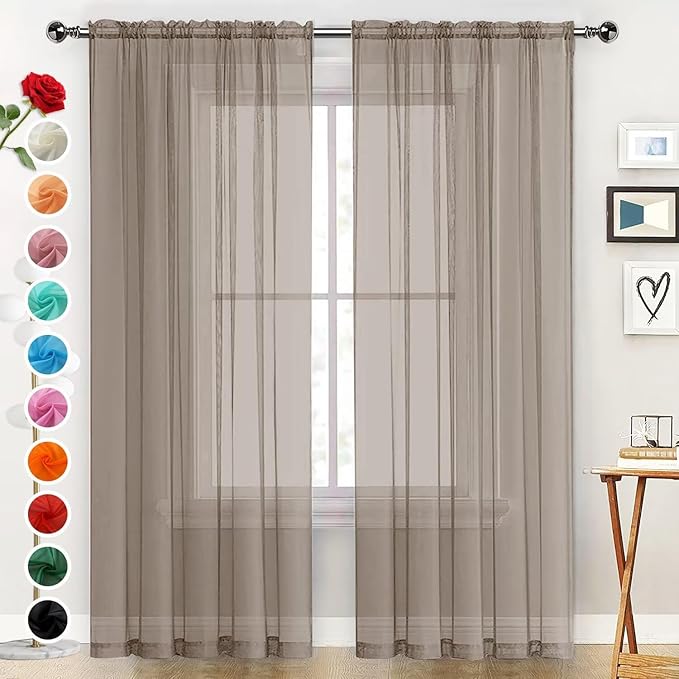 SpaceDresser Basic Rod Pocket Sheer Voile Window Curtain Panels Taupe 1 Pair 2 Panels 52 Width 63 Inch Long for Kitchen Bedroom Children Living Room Yard（Taupe, 52W x 63L）