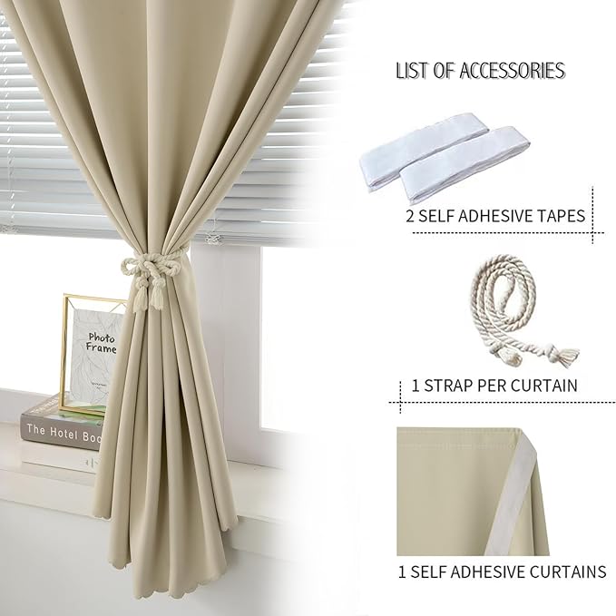 Self Adhesive Portable Blackout Curtains for Bedroom Easy to Install Window Thermal Lnsulated Kitchen Room Darkening Small Window Curtains, 47" W X 96" L, Beige, 1 Panel
