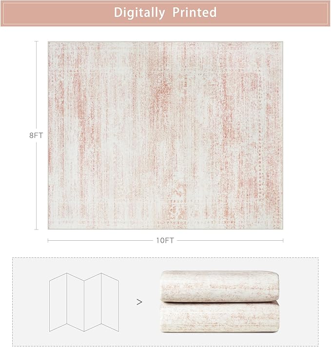 Srugn Washable Rugs 8x10 Area Rugs for Living Room,Rugs for Bedroom,Large Carpets,Ultra Soft Faux Wool Retro Dining Room Rug,Non Slip&Non-Shedding Low Pile Vintage Print Rug for Home Office-Pink White