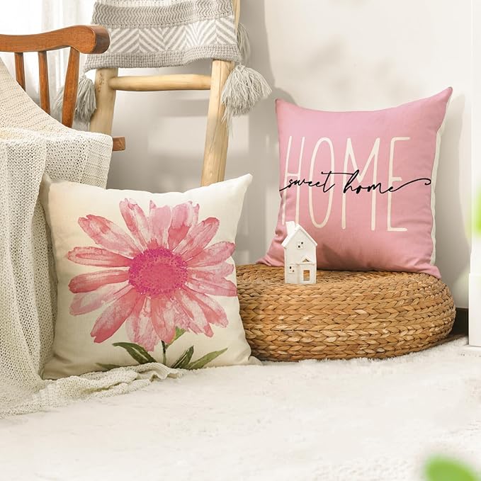AVOIN colorlife Home Sweet Home Spring Summer Flowers Pink Throw Pillow Covers, 20 x 20 Inch Cushion Case for Sofa Couch Set of 4