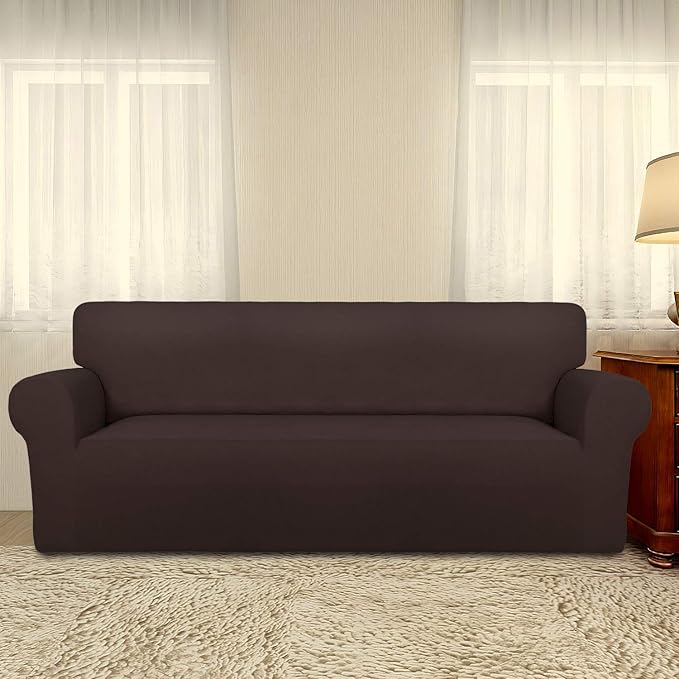 PureFit Super Stretch Sofa Slipcover – Spandex Non Slip Soft Couch Sofa Cover, Washable Furniture Protector with Non Skid Foam and Elastic Bottom for Kids, Pets （Oversized Sofa, Chocolate）