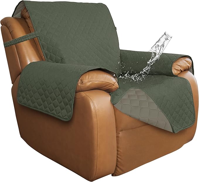ISSUNTEX Double Protection 100% Waterproof Recliner Covers for Living Room, Reversible Furniture Protector Recliner Couch Sofa Slipcover for Dogs, Pets, Kids (Oversized Recliner, Greyish Green/Beige)
