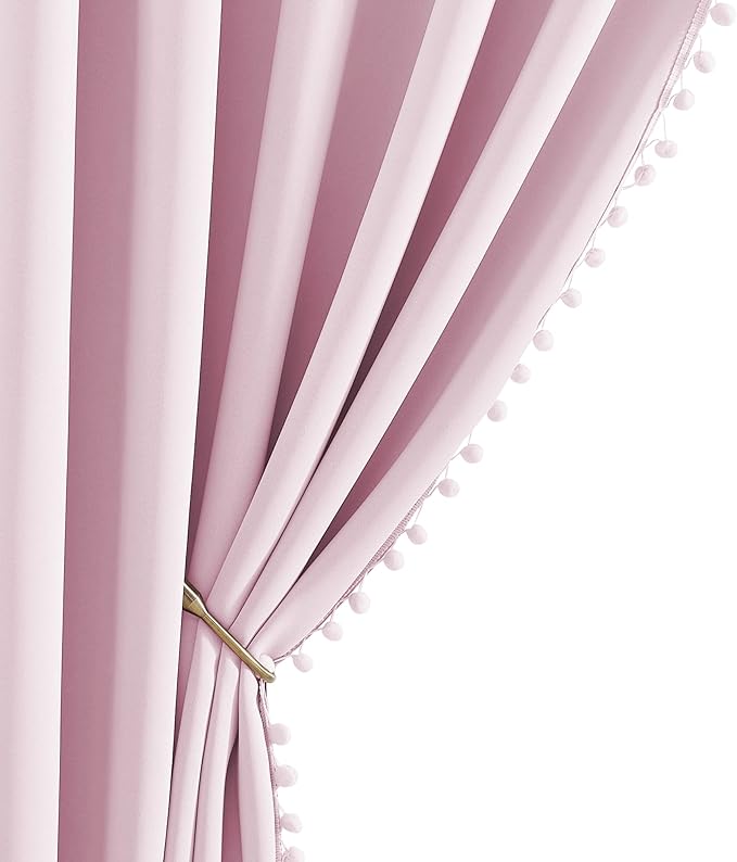 NICETOWN Pom Pom Blackout Curtains for Girls Bedroom Boho Pink Window Curtains for Nursery Rod Pocket Thermal Insulated Living Room Darkening Curtain Panels for Play Room, 52" W x 84" L, 2 Panels
