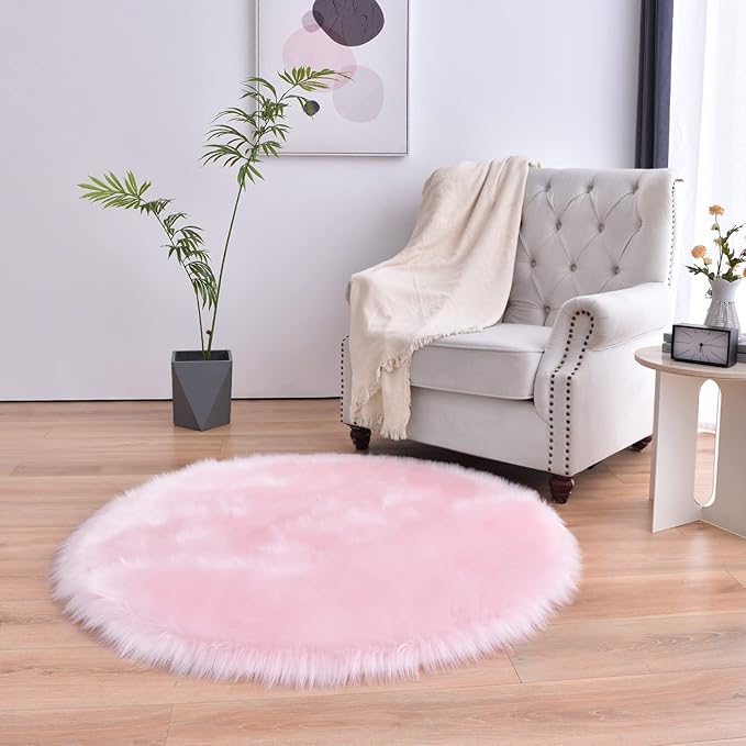 duduta Pink Faux Sheepskin Round Rug 4x4 ft, Fluffy Shag Fur Bedroom Nursery Girls Playroom Rug Dorm Decor Non Slip Washable