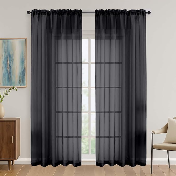 OVZME Black Sheer Curtains 84 Inches Long 2 Panels Set, Light Filtering Sheer Curtains for Living Room Bedroom 59 Inch Extra Wide, Modern Voile Filmy Rod Pocket Window Drapes, 59Wx84L Inches