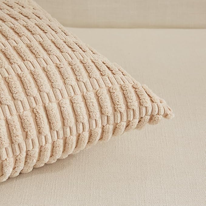 Fancy Homi 4 Packs Neutral Decorative Throw Pillow Covers 16x16 Inch for Living Room Couch Bed Sofa, Rustic Farmhouse Boho Neutral Home Decor, Soft Plush Striped Corduroy Square Cushion Case 40x40 cm