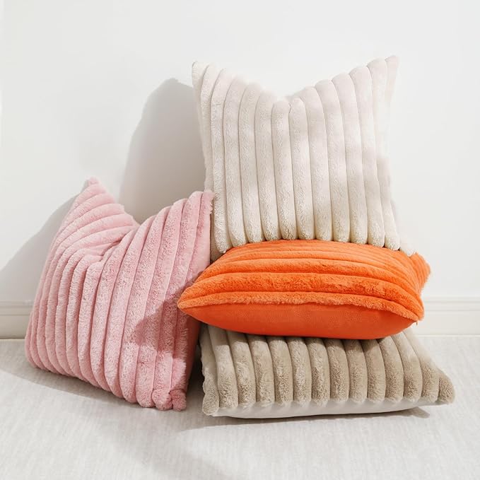 decorUhome Summer Cozy Faux Fur Throw Pillow Covers 26x26 Set of 2 Decorative Soft Plush Striped Modern Farmhouse Boho Couch Euro Sham Pillow Cases with Velvet Back for Sofa Bed Living Room, Beige