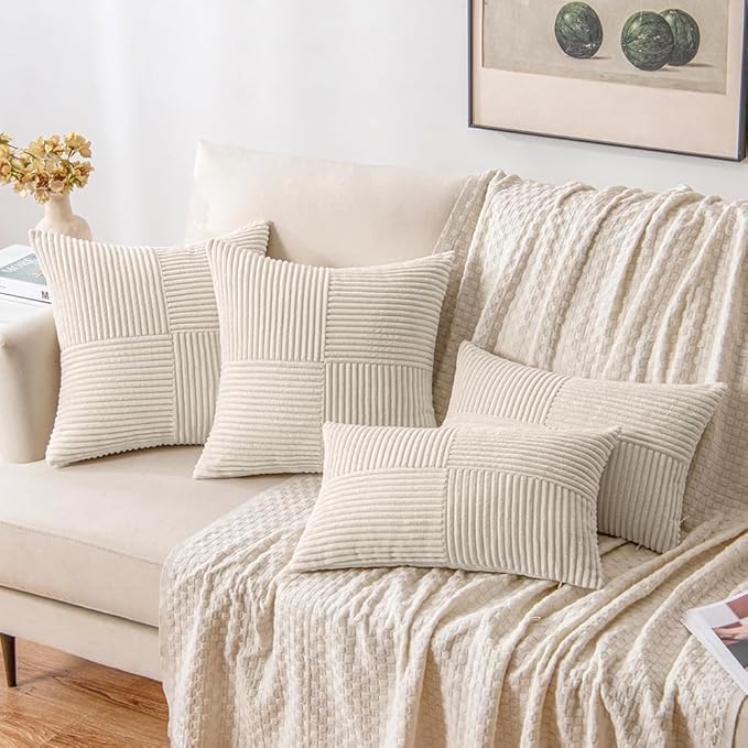 MIULEE Beige Decorative Lumbar Throw Pillow Covers 12x20 Inch for Couch Bed Sofa Pack of 2 Boho Neutral Farmhouse Throw Pillows Soft Cross Corduroy Patchwork Textured Cushion Cases