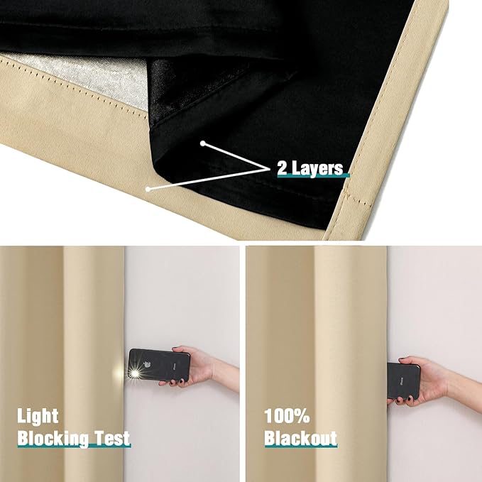 ChrisDowa 100% Blackout Curtains 84 inch Long for Bedroom with Black Liner, Extra Wide 2 Thick Layers Total Blackout Thermal Insulated Grommet Window Curtains 2 Panels Set (Beige, 60 x 84 Inch)