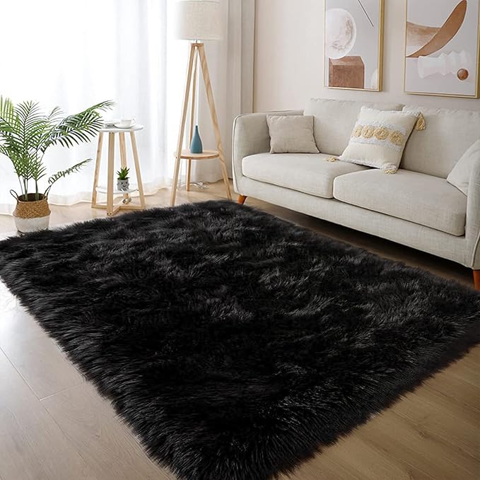 Latepis Black Fluffy Small Fur 3x4 Area Rug for Bedroom Bedside Washable Rugs Fuzzy Shaggy Rug for Living Room Soft Boho Rugs Luxury Home Decor