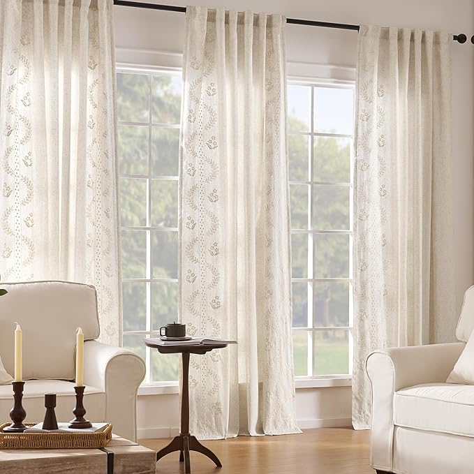 jinchan Belrose Lined Linen Blend Curtains Boho Floral Curtains for Bedroom 84 Inch Length Ivory Embroidered Drapes Rod Pocket Farmhouse Flower Drapes for Living Room Window Treatments Set 2 Panels