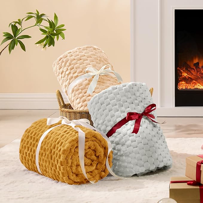BEDELITE Fleece Blanket Twin Size for Bed Couch, 3D Jacquard Decorative Mustard Yellow Throw, Soft and Cozy Warm Plush Fuzzy Blanket All Seasons Suitable, 60x80Inches