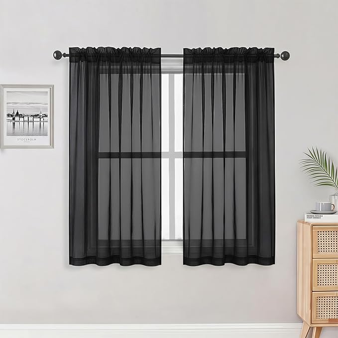 OWENIE Sheer Black Curtains 84 Inch Length 2 Panels Set for Living Room Bedroom, Rod Pocket Voile Sheer Panel Drapes, Black, 2pcs, Each 42" W x 48" L