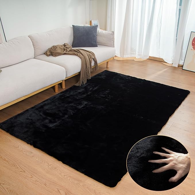ORINOVA Black Fluffy Living Room Furry Rugs for Living Room Washable Shaggy Area Rugs for Bedroom 4x6 Rug for Nursery Decor