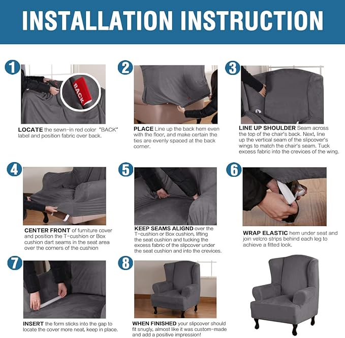 H.VERSAILTEX Wingback Chair Covers Velvet Plush Wing Chair Slipcover 1 Piece High Stretch Wing Back Chair Slipcovers Sofa Cover Furniture Cover with Elastic Bottom, Grey
