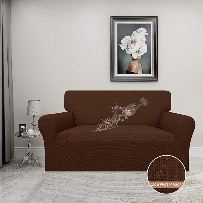 Easy-Going 100% Waterproof Loveseat Couch Cover, Dual Waterproof Sofa Cover, Stretch Jacquard Sofa Slipcover, Leakproof Furniture Protector for Kids, Pets, Dog and Cat (Loveseat, Coffee)