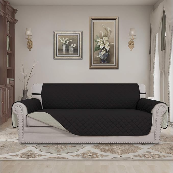 Easy-Going 4 Seater Sofa Slipcover Reversible Sofa Cover Water Resistant Couch Cover with Foam Sticks Elastic Straps Furniture Protector for Pets Children Dog Cat (XX-Large, Black/Beige)