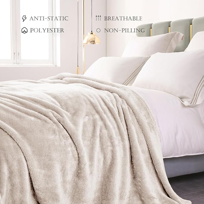 Exclusivo Mezcla Plush Fuzzy Fleece Bed Blanket Queen Size, Super Soft, Fluffy and Warm Blankets for Couch, Bed, All Season (Beige, 90x90 inches)