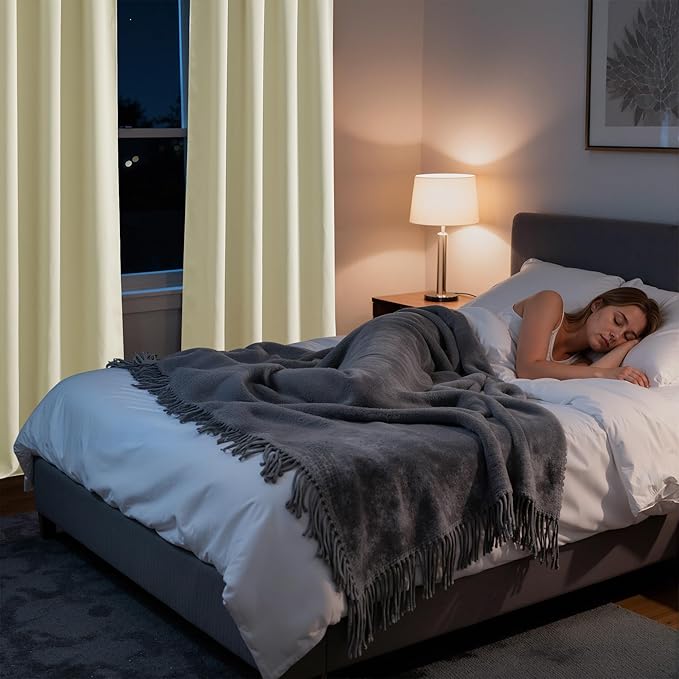 RYB HOME Bedroom Blackout Curtains 80 inches Long, 100% Blackout Thermal Insulated Noise Reducing Curtains for Living Room Nursury, 34 inches Wide by 80 inches Long, Beige