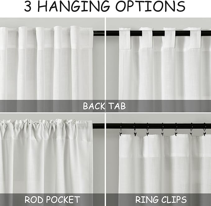 Off White Linen Sheer Curtains 102 Inches 2 Panels Set Back Tab Rod Pocket Extra Long Semi Sheer Light Filter Vintage Curtain Drapes Room Decor Aesthetic Curtains for Living Room High Window 40x102