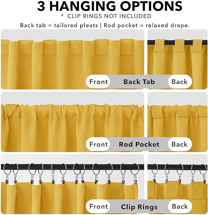 Deconovo Blackout Curtains, Thermal Insulated, W52 x L63 2 Panels, Back Tab, Machine Washable, Room-Darkening Drapes for Bedroom/Living Room Mellow Yellow