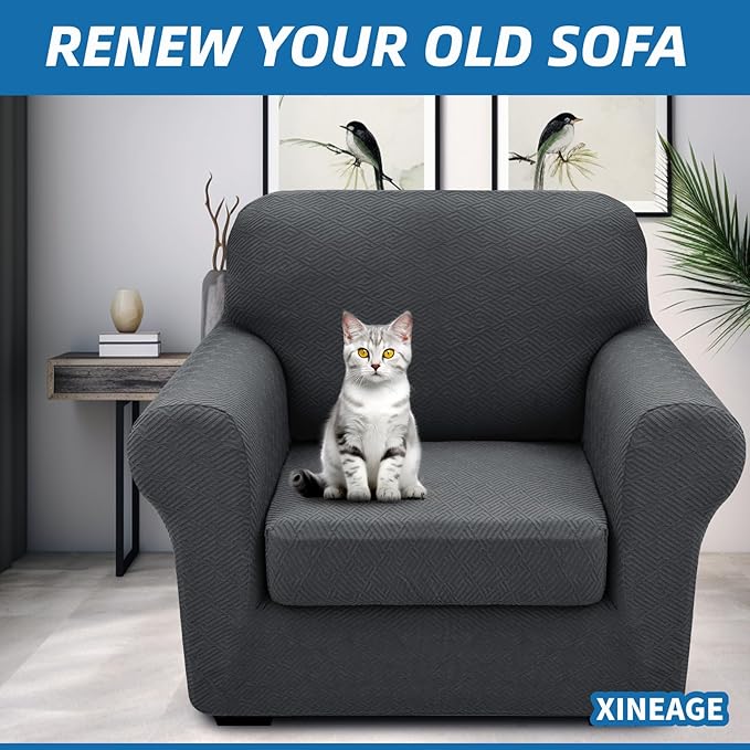 XINEAGE 2026 New 2 Pieces Chair Covers with Arms Super Stretch Chair Slipcover for Living Room Pet Dog Universal Slip Cover Anti Slip Armchair Furniture Protector (Dark Gray), 31"-46"(1 Cushion)