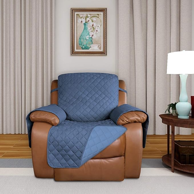 PureFit Reversible Quilted Sofa Cover, Water Resistant Slipcover Furniture Protector, Washable Couch Cover with Non Slip and Elastic Straps for Kids, Dogs (Oversized Recliner, Dark Blue/Light Blue)